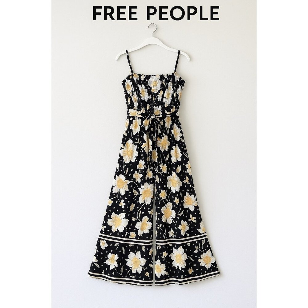 Free People Little of Your Love Jumpsuit Moonless Combo Floral Wide Leg Size L - Picture 1 of 9